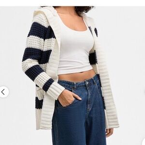Madden Girl Striped Knit Cardigan in Navy and Cream